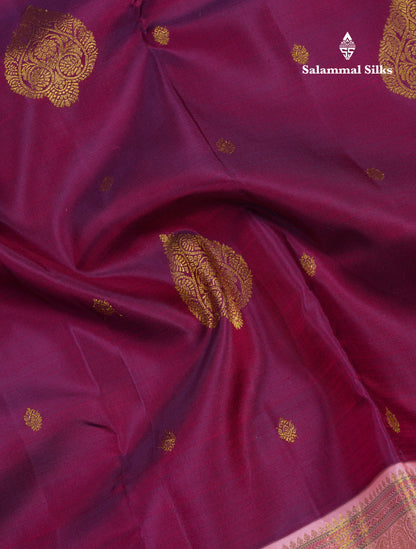 Korvai Beautiful Magenta Pure Kanjivaram Silk Saree With Contrast Dark Peach Traditional Evening Morning Border