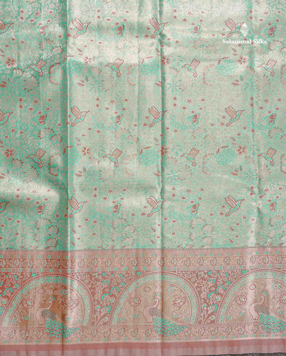 Tissue Semi Silk Saree - Sea Green Colour Body With Contrast Light Brown Fancy Border