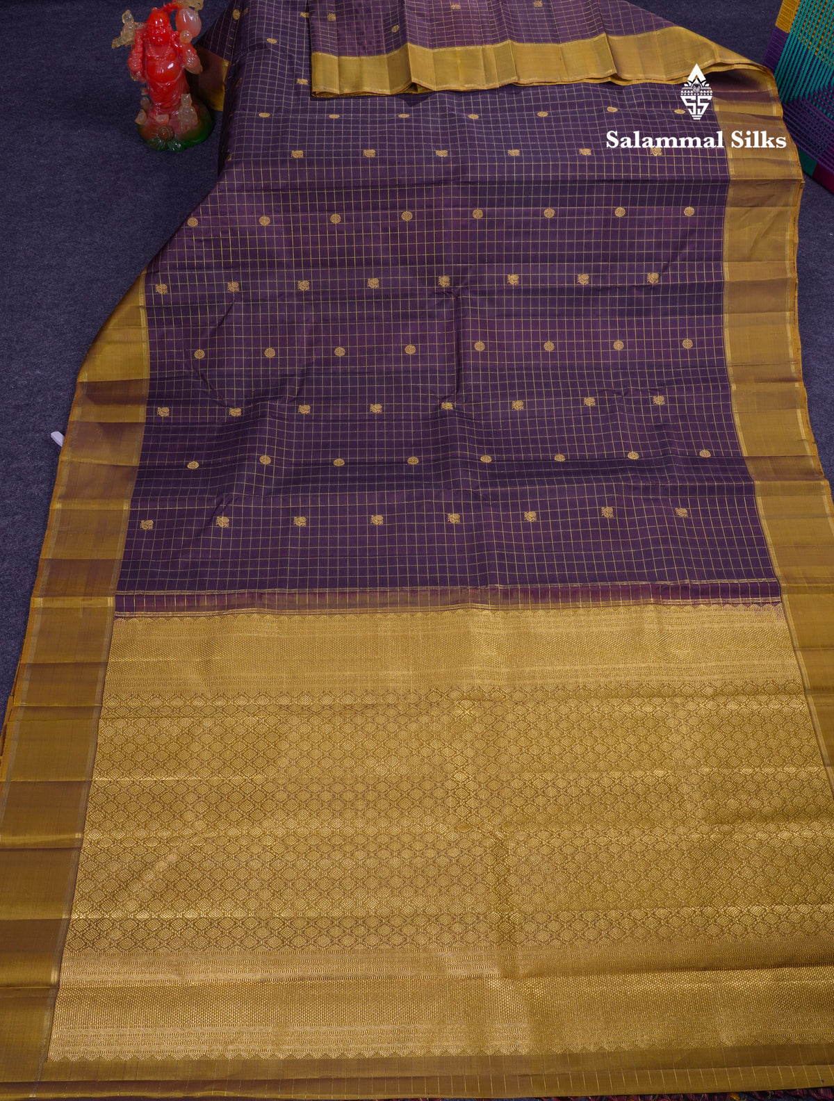 Beautiful Dark Brown Zari Checks With Butta Pure Kanjivaram Silk Saree With Contrast Olive Mustard Yellow Gap Border