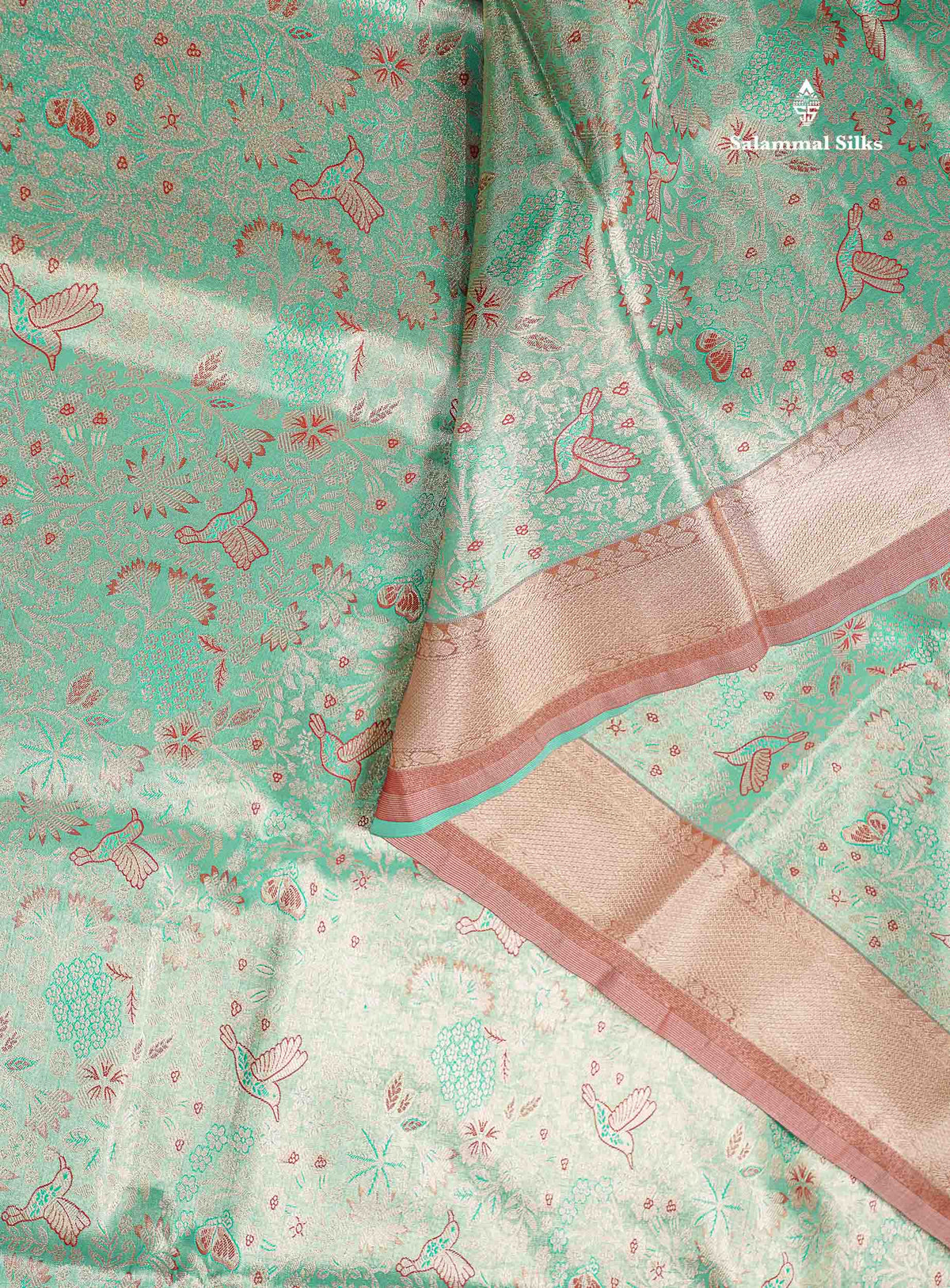 Tissue Semi Silk Saree - Sea Green Colour Body With Contrast Light Brown Fancy Border