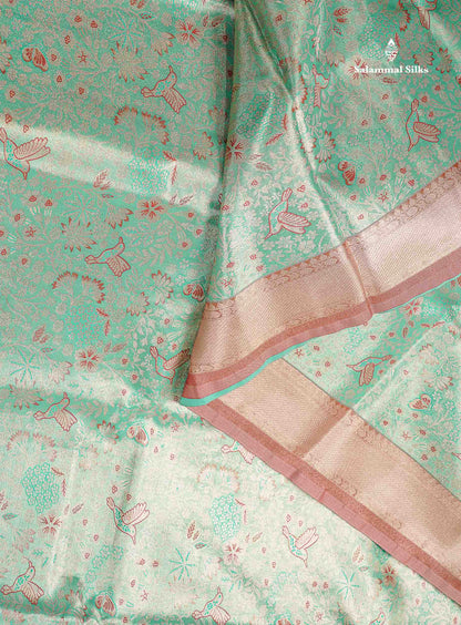 Tissue Semi Silk Saree - Sea Green Colour Body With Contrast Light Brown Fancy Border