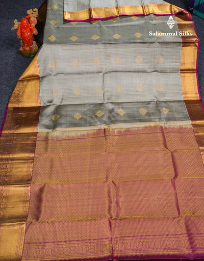 Elephant Grey Small Checks Pure Kanjivaram Silk Saree With Contrast Magenta Border