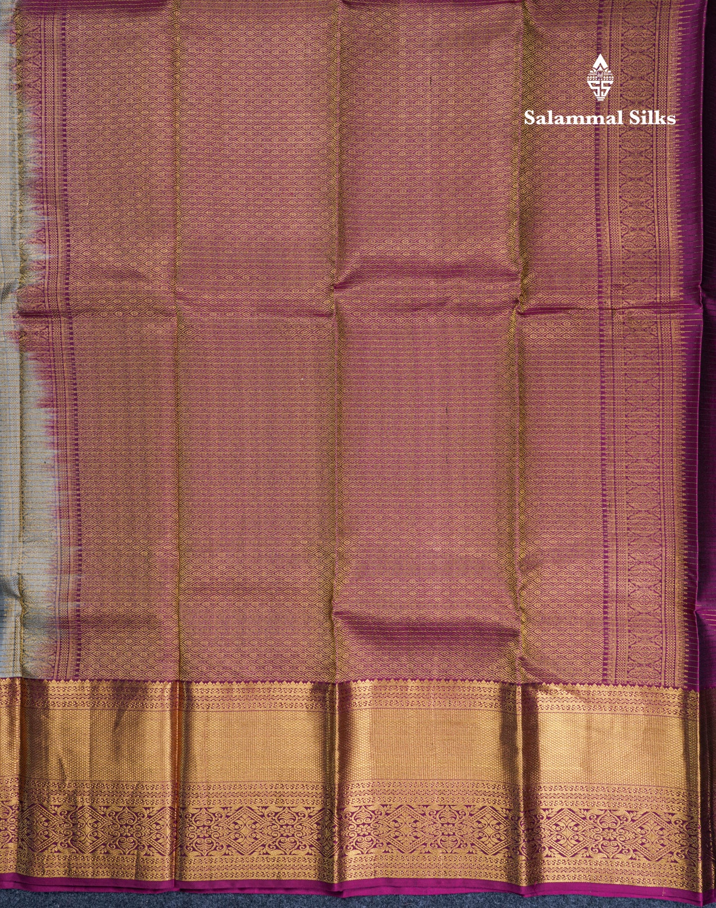 Elephant Grey Small Checks Pure Kanjivaram Silk Saree With Contrast Magenta Border