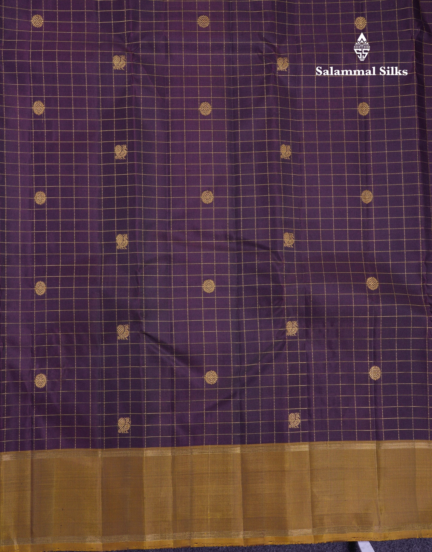 Beautiful Dark Brown Zari Checks With Butta Pure Kanjivaram Silk Saree With Contrast Olive Mustard Yellow Gap Border
