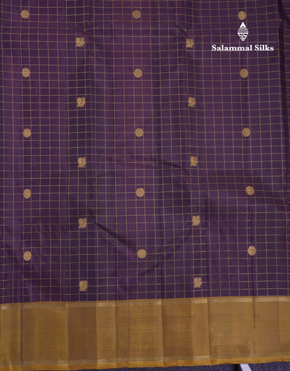 Beautiful Dark Brown Zari Checks With Butta Pure Kanjivaram Silk Saree With Contrast Olive Mustard Yellow Gap Border