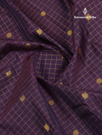 Beautiful Dark Brown Zari Checks With Butta Pure Kanjivaram Silk Saree With Contrast Olive Mustard Yellow Gap Border