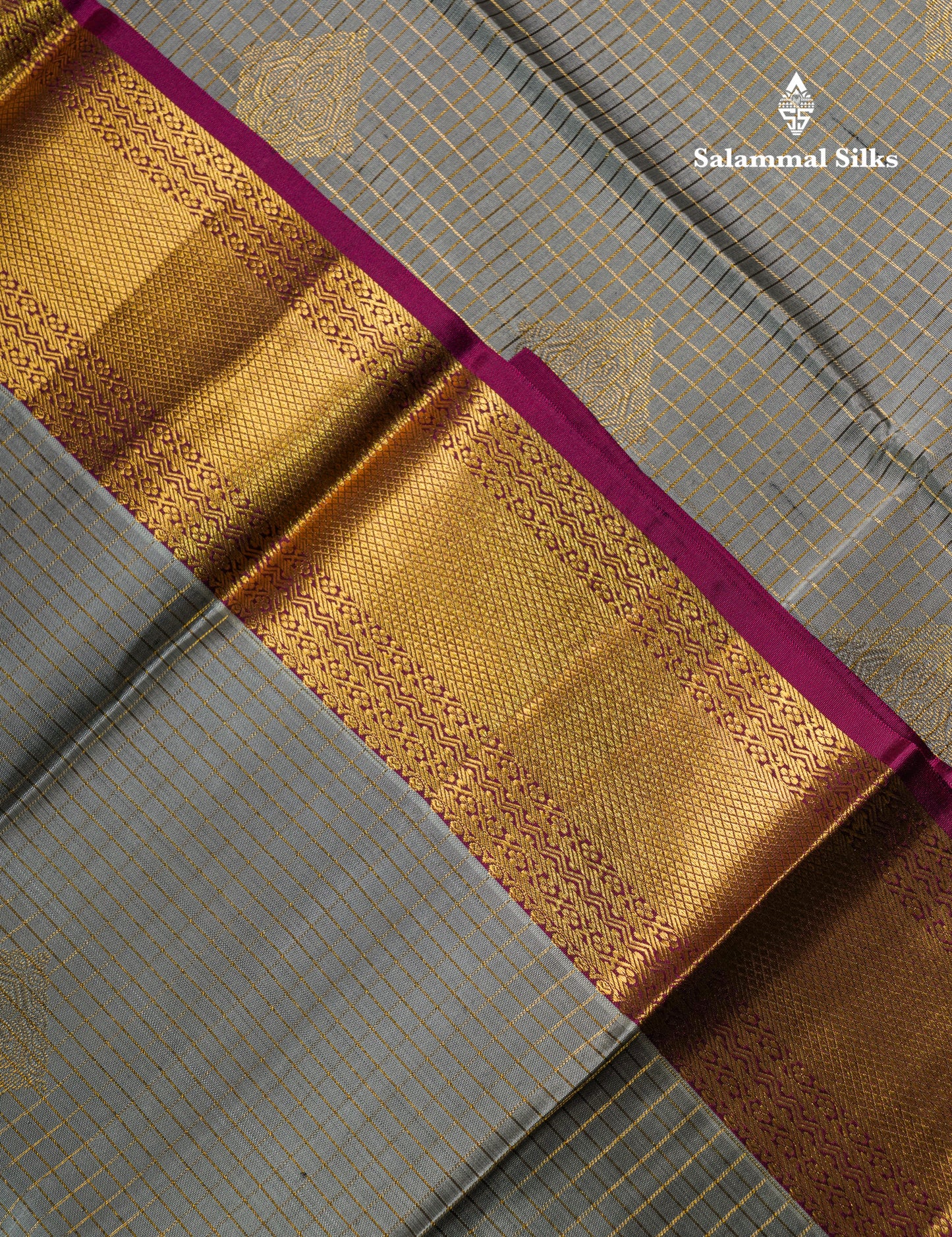 Elephant Grey Small Checks Pure Kanjivaram Silk Saree With Contrast Magenta Border
