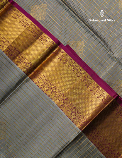 Elephant Grey Small Checks Pure Kanjivaram Silk Saree With Contrast Magenta Border