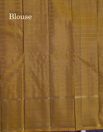 Beautiful Dark Brown Zari Checks With Butta Pure Kanjivaram Silk Saree With Contrast Olive Mustard Yellow Gap Border