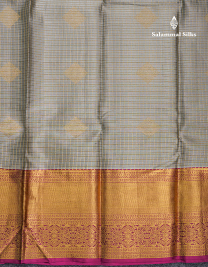 Elephant Grey Small Checks Pure Kanjivaram Silk Saree With Contrast Magenta Border
