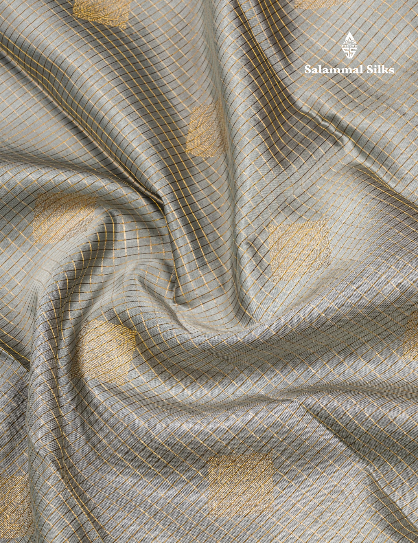 Elephant Grey Small Checks Pure Kanjivaram Silk Saree With Contrast Magenta Border