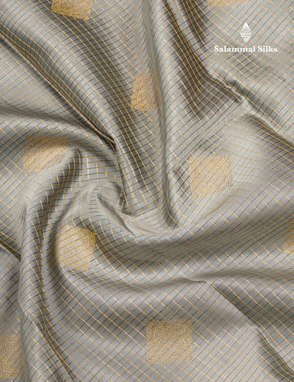 Elephant Grey Small Checks Pure Kanjivaram Silk Saree With Contrast Magenta Border