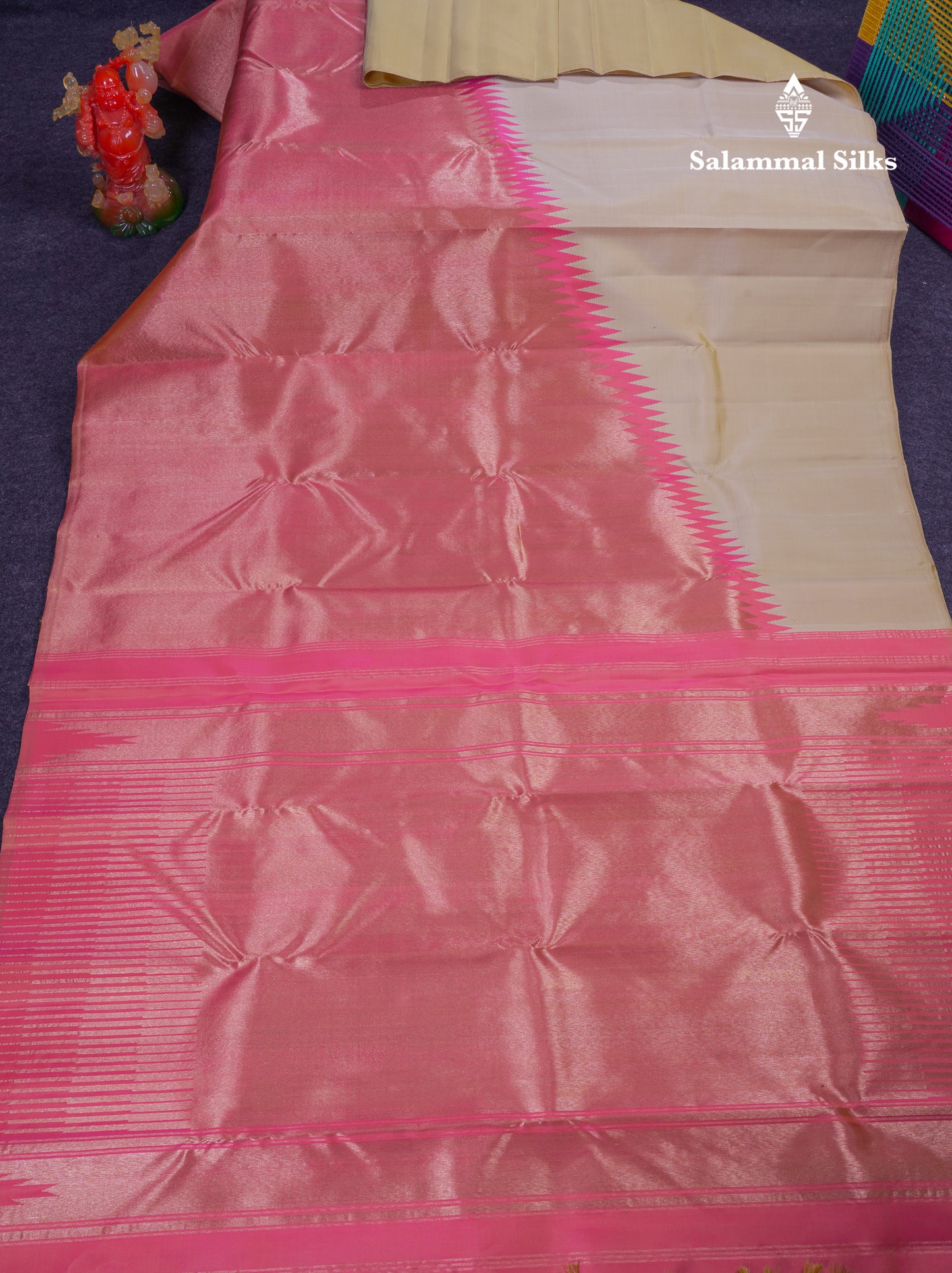Beautiful Beige 8Kol Pure Kanjivaram Silk Saree With Contrast Light Pink Traditional Raising Border