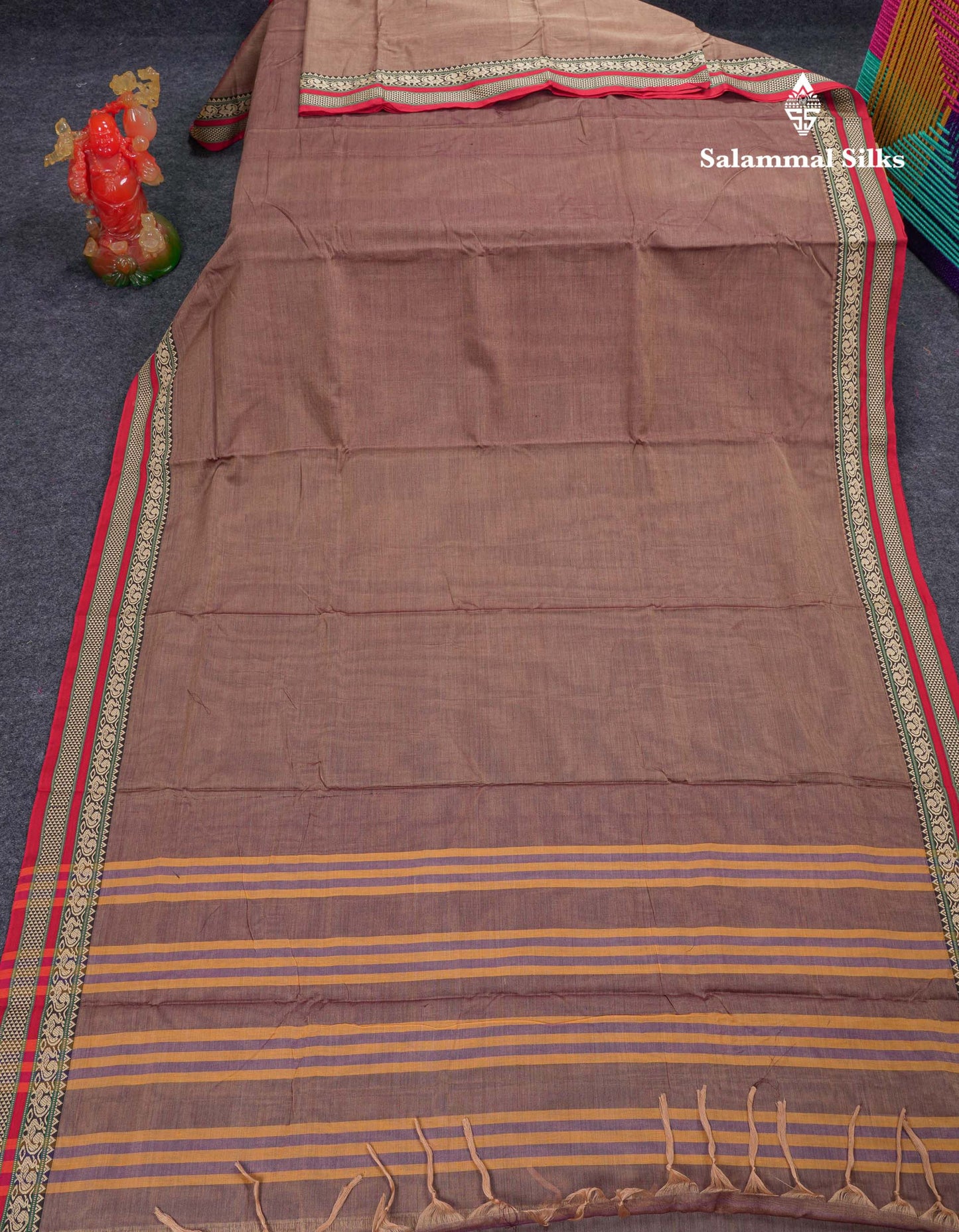 Beautiful Light Chocolate Plain Pure Cotton Saree With Traditional Border