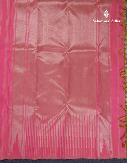 Beautiful Beige 8Kol Pure Kanjivaram Silk Saree With Contrast Light Pink Traditional Raising Border