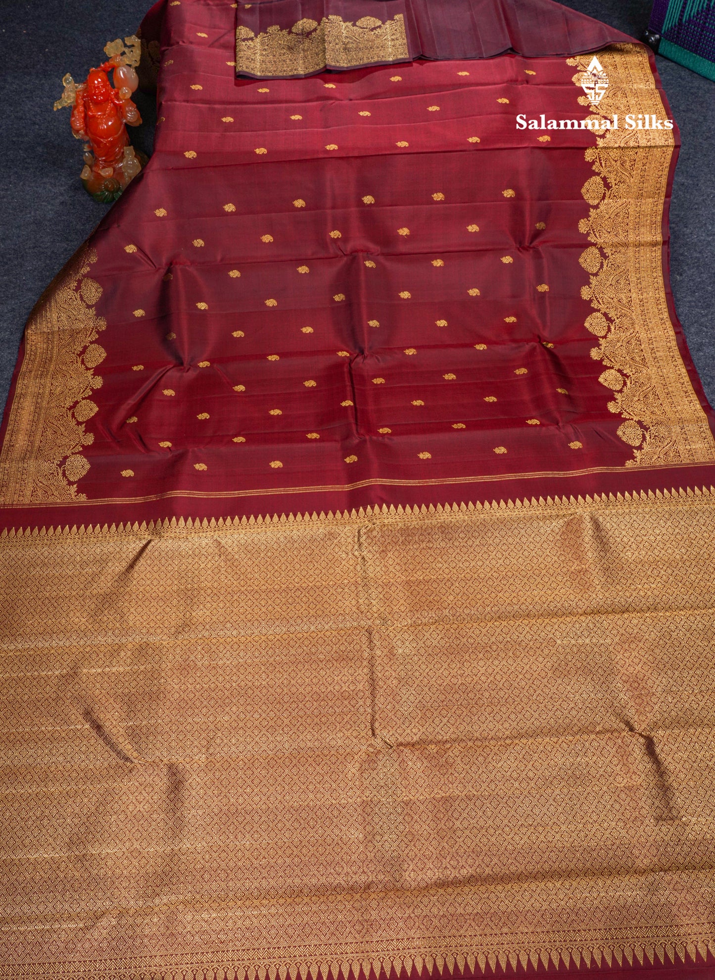 Dark Maroon Pure Kanjivaram Silk Saree With Fancy Turning Border