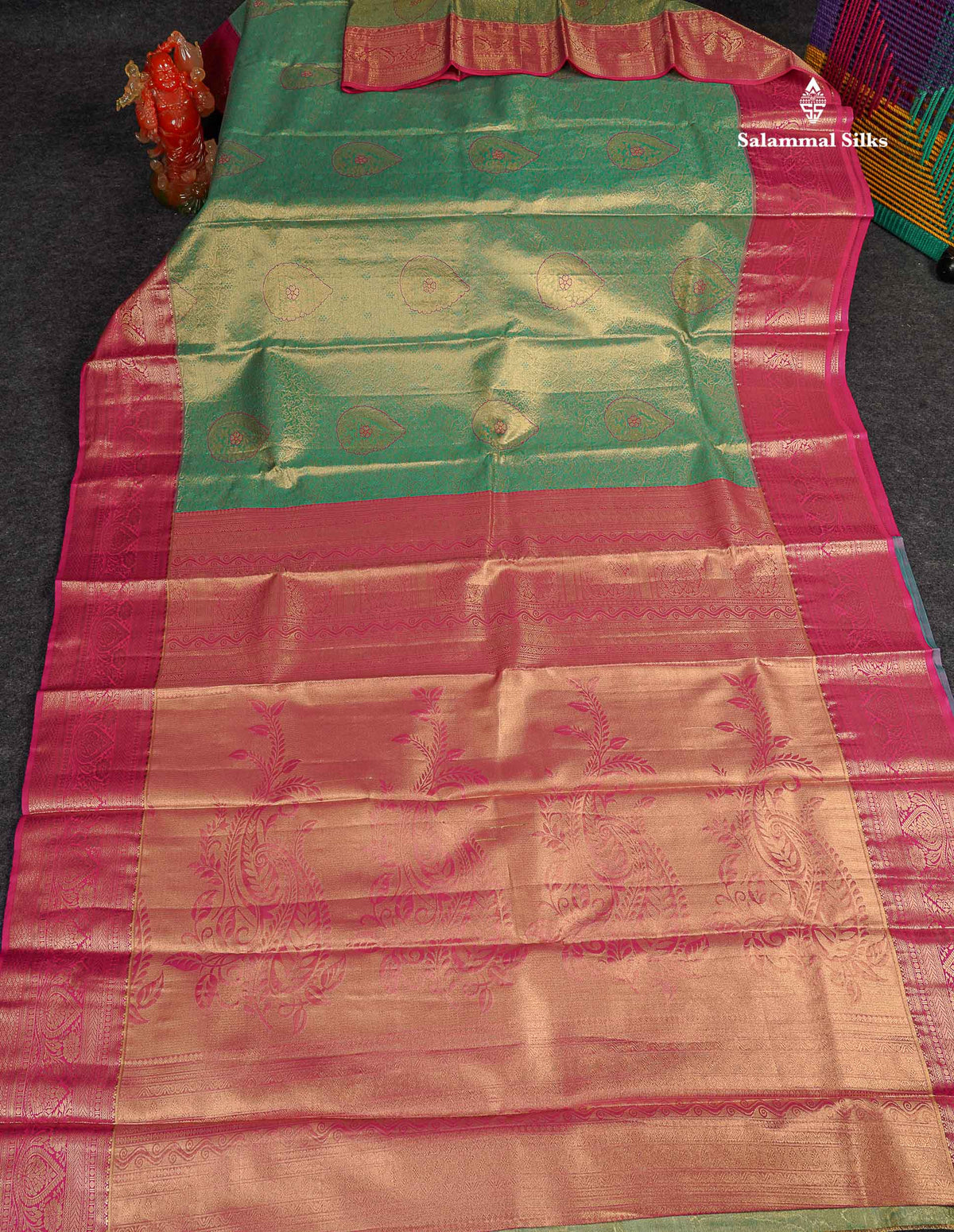 Tissue Semi Silk Saree - Sapphire Green Colour Body With Contrast Pink Border