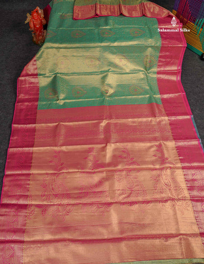 Tissue Semi Silk Saree - Sapphire Green Colour Body With Contrast Pink Border