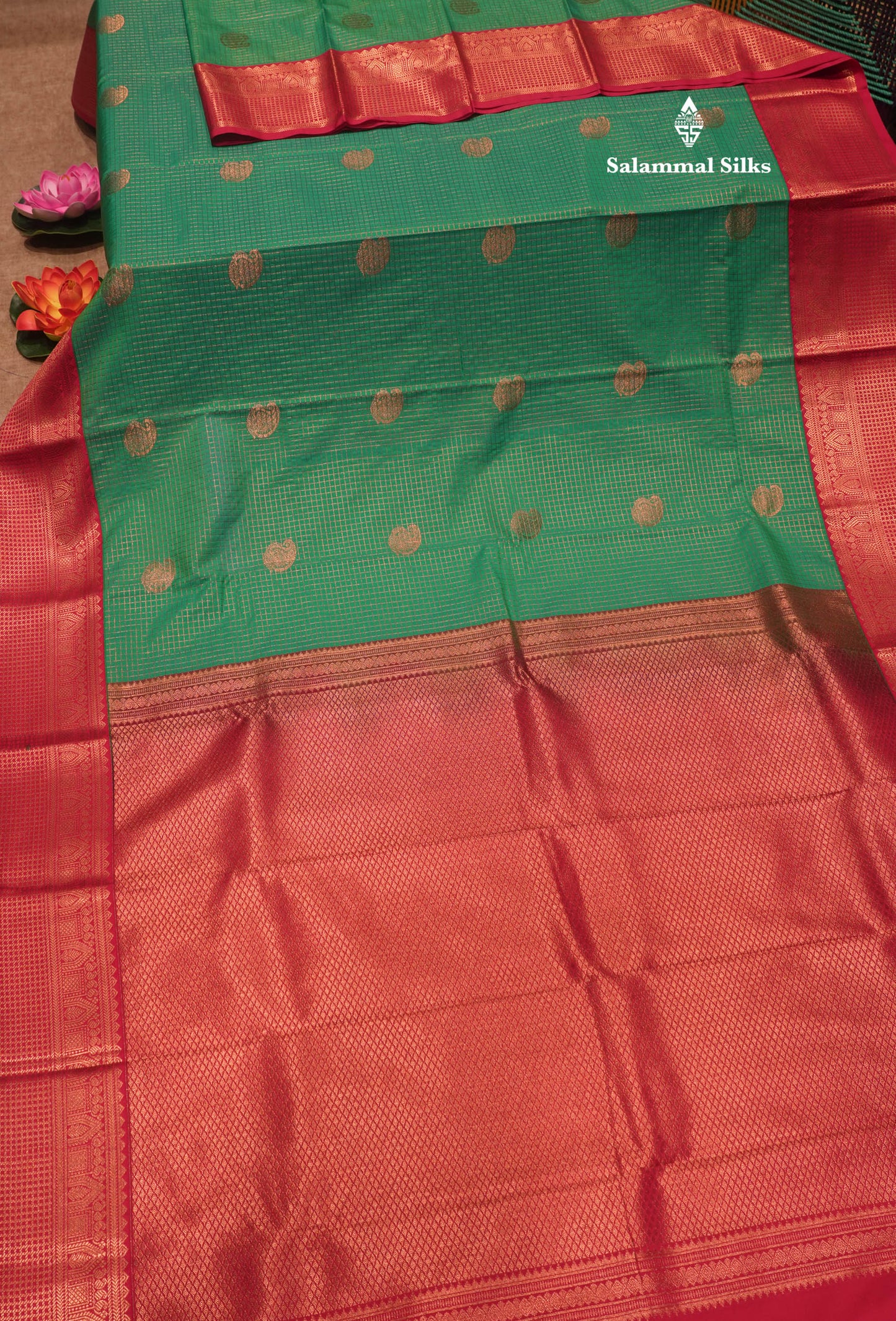 Green Colour Small Zari Checks Semi Silk Saree With Contrast Pink Border