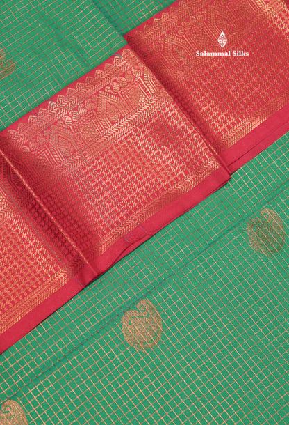 Green Colour Small Zari Checks Semi Silk Saree With Contrast Pink Border