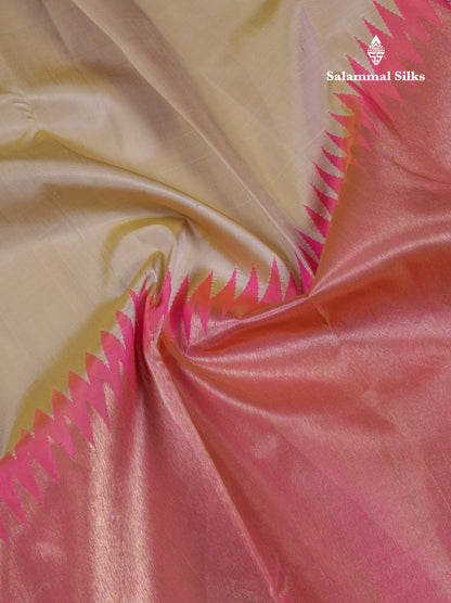 Beautiful Beige 8Kol Pure Kanjivaram Silk Saree With Contrast Light Pink Traditional Raising Border