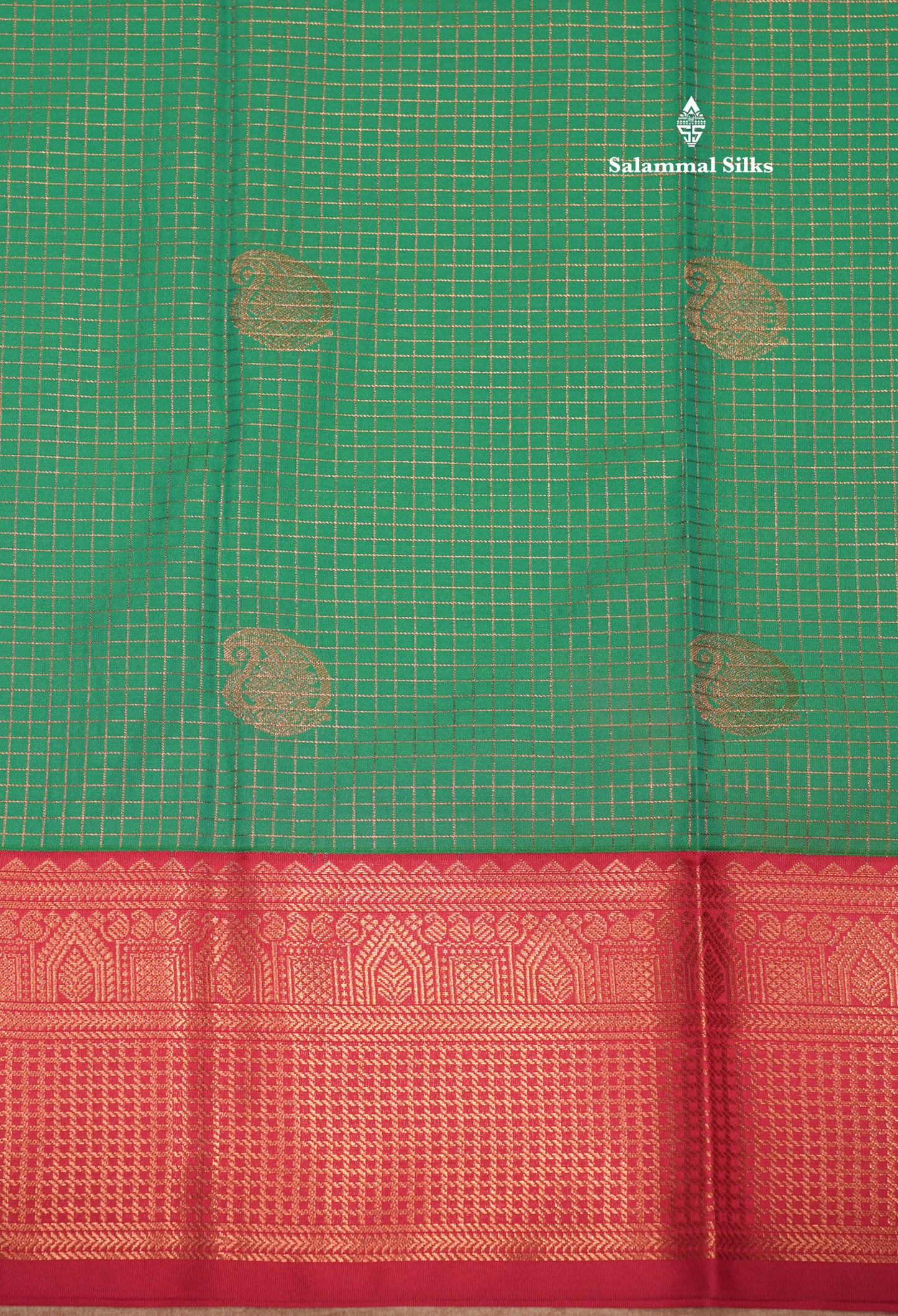 Green Colour Small Zari Checks Semi Silk Saree With Contrast Pink Border