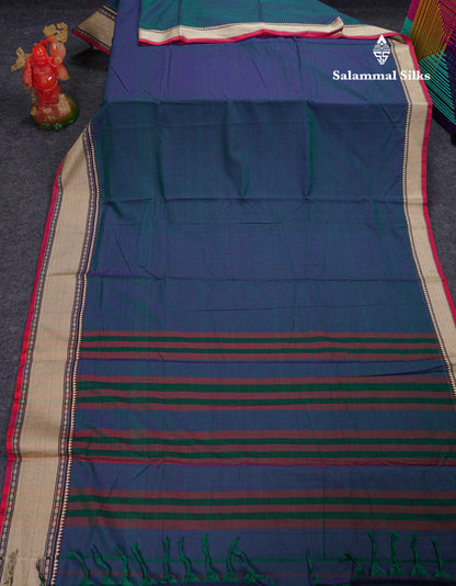 Beautiful Dual Tone Peacock Blue Plain Pure Cotton Saree With Traditional Thread Work Border