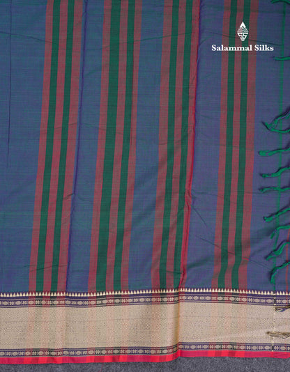 Beautiful Dual Tone Peacock Blue Plain Pure Cotton Saree With Traditional Thread Work Border