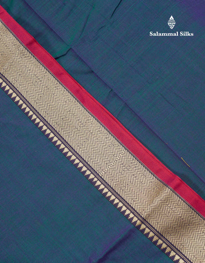 Beautiful Dual Tone Peacock Blue Plain Pure Cotton Saree With Traditional Thread Work Border