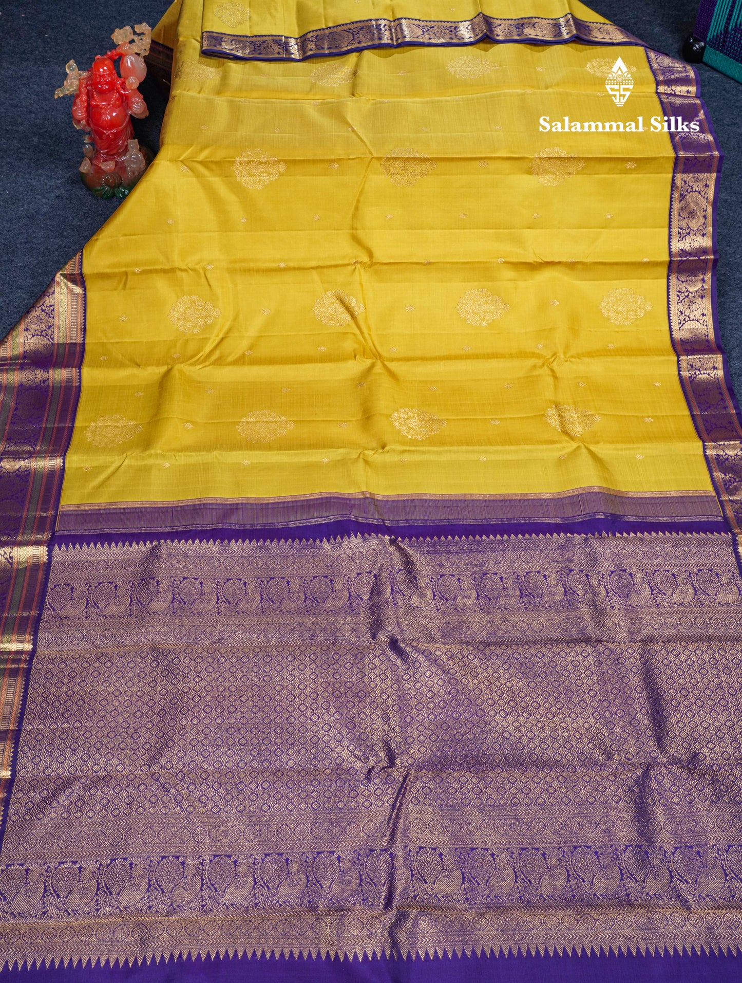 Korvai Mustard Yellow Pure Kanjivaram Silk Saree With Contrast Violet Traditional Border