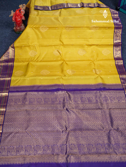Korvai Mustard Yellow Pure Kanjivaram Silk Saree With Contrast Violet Traditional Border