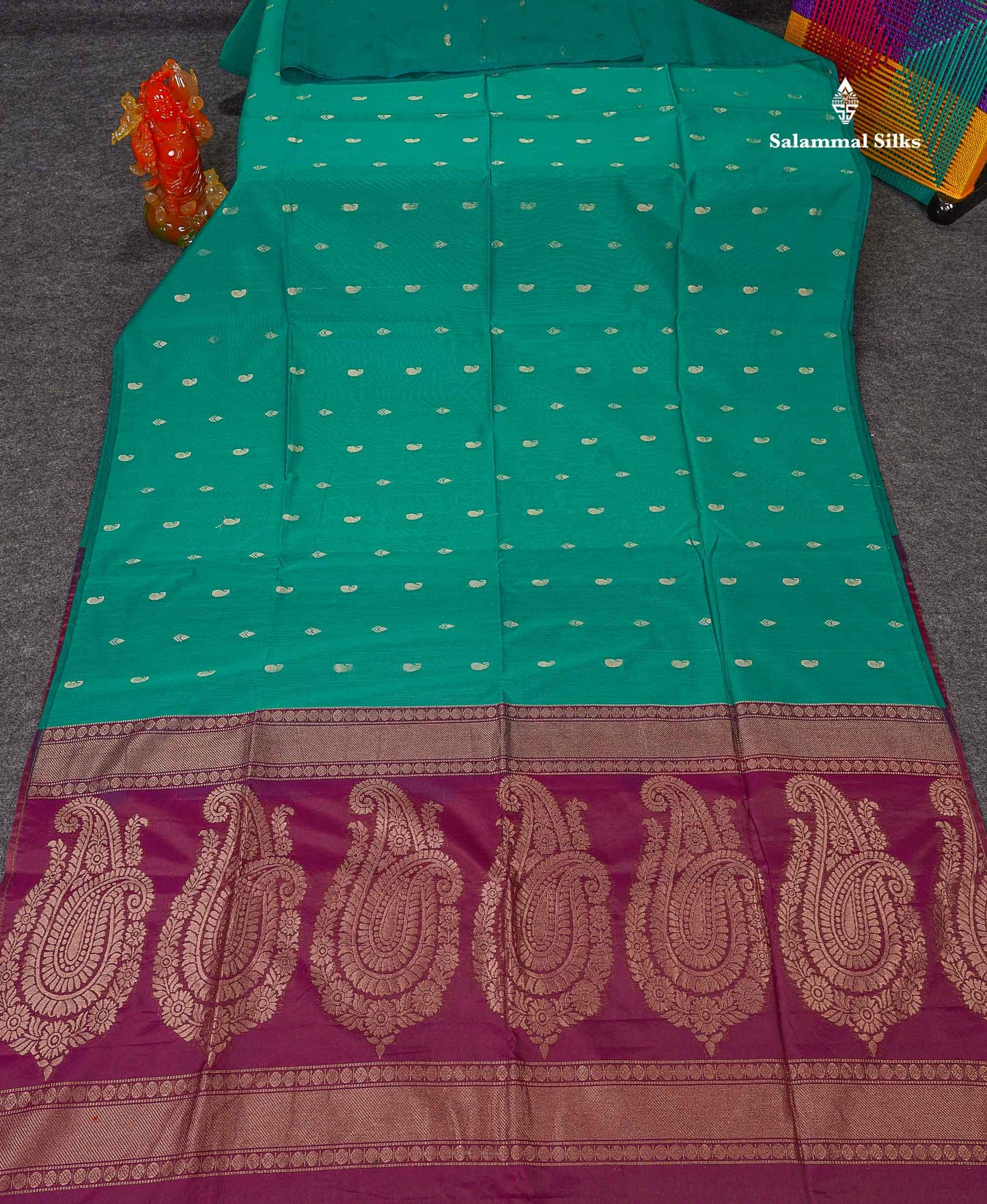 SICO Cotton Saree - Sapphire Green Colour Body Zari Butta With Contrast Magenta Blouse