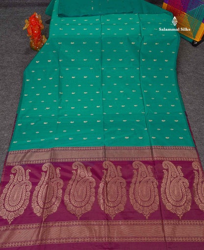 SICO Cotton Saree - Sapphire Green Colour Body Zari Butta With Contrast Magenta Blouse