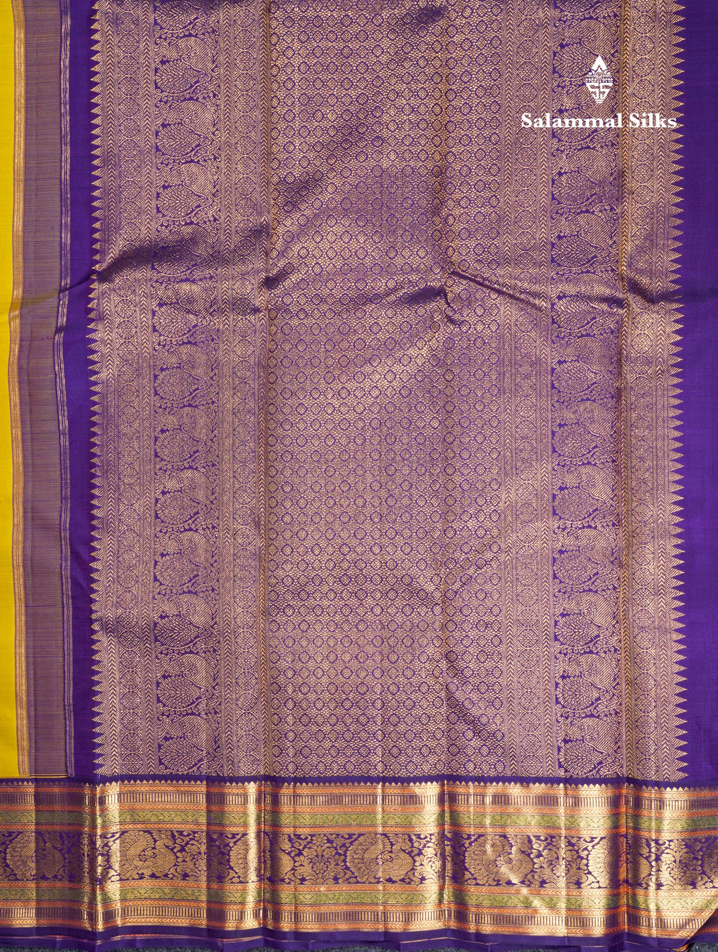 Korvai Mustard Yellow Pure Kanjivaram Silk Saree With Contrast Violet Traditional Border
