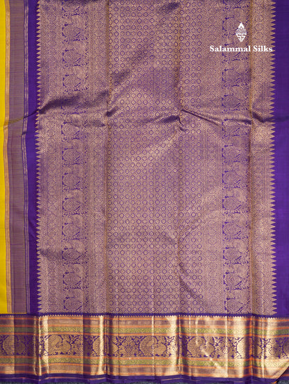 Korvai Mustard Yellow Pure Kanjivaram Silk Saree With Contrast Violet Traditional Border