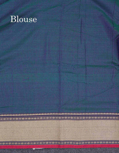 Beautiful Dual Tone Peacock Blue Plain Pure Cotton Saree With Traditional Thread Work Border