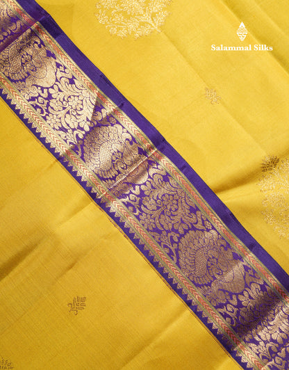 Korvai Mustard Yellow Pure Kanjivaram Silk Saree With Contrast Violet Traditional Border