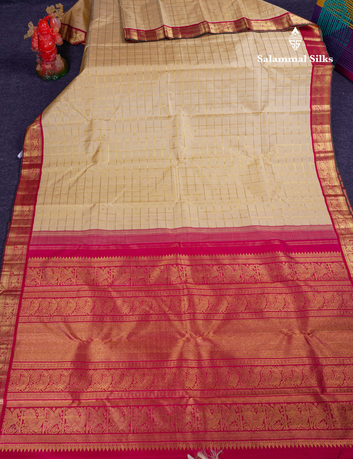 Korvai Beautiful Sandal Zari Checks With Butta Pure Kanjivaram Silk Saree With Contrast Maroon Traditional Medium Border