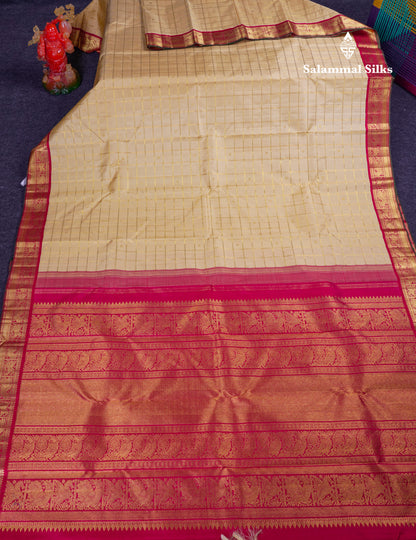 Korvai Beautiful Sandal Zari Checks With Butta Pure Kanjivaram Silk Saree With Contrast Maroon Traditional Medium Border