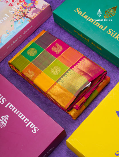 Beautiful Paalum Pazham Checks Pure Kanjivaram Silk Saree With Traditional Border