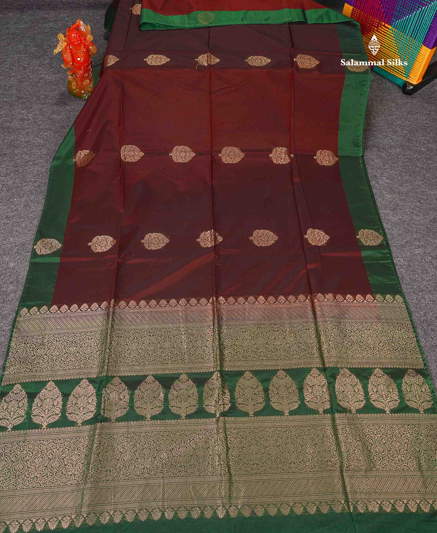 SICO Cotton Saree - Dark Maroon Colour Body Zari Butta With Contrast Bottle Green Fancy Border