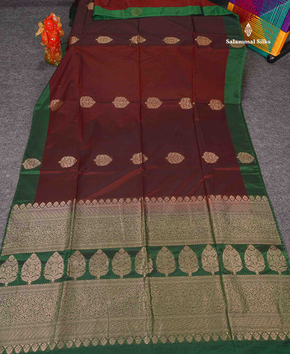 SICO Cotton Saree - Dark Maroon Colour Body Zari Butta With Contrast Bottle Green Fancy Border