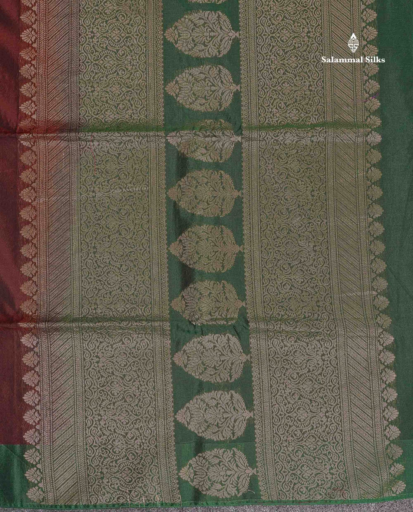 SICO Cotton Saree - Dark Maroon Colour Body Zari Butta With Contrast Bottle Green Fancy Border