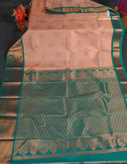Semi Silk Saree - Light Peach Colour Body With Teal Green Evening Morning Border