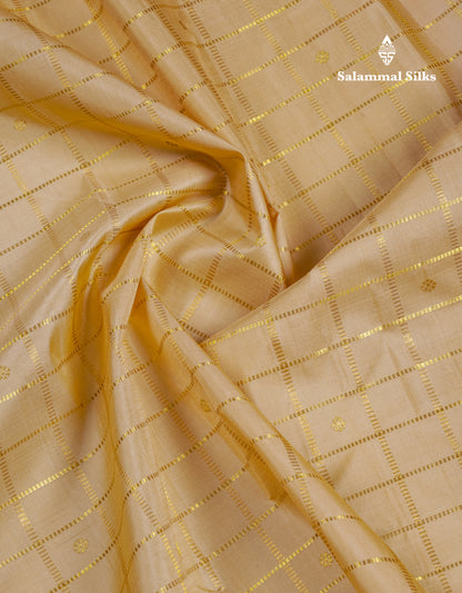 Korvai Beautiful Sandal Zari Checks With Butta Pure Kanjivaram Silk Saree With Contrast Maroon Traditional Medium Border