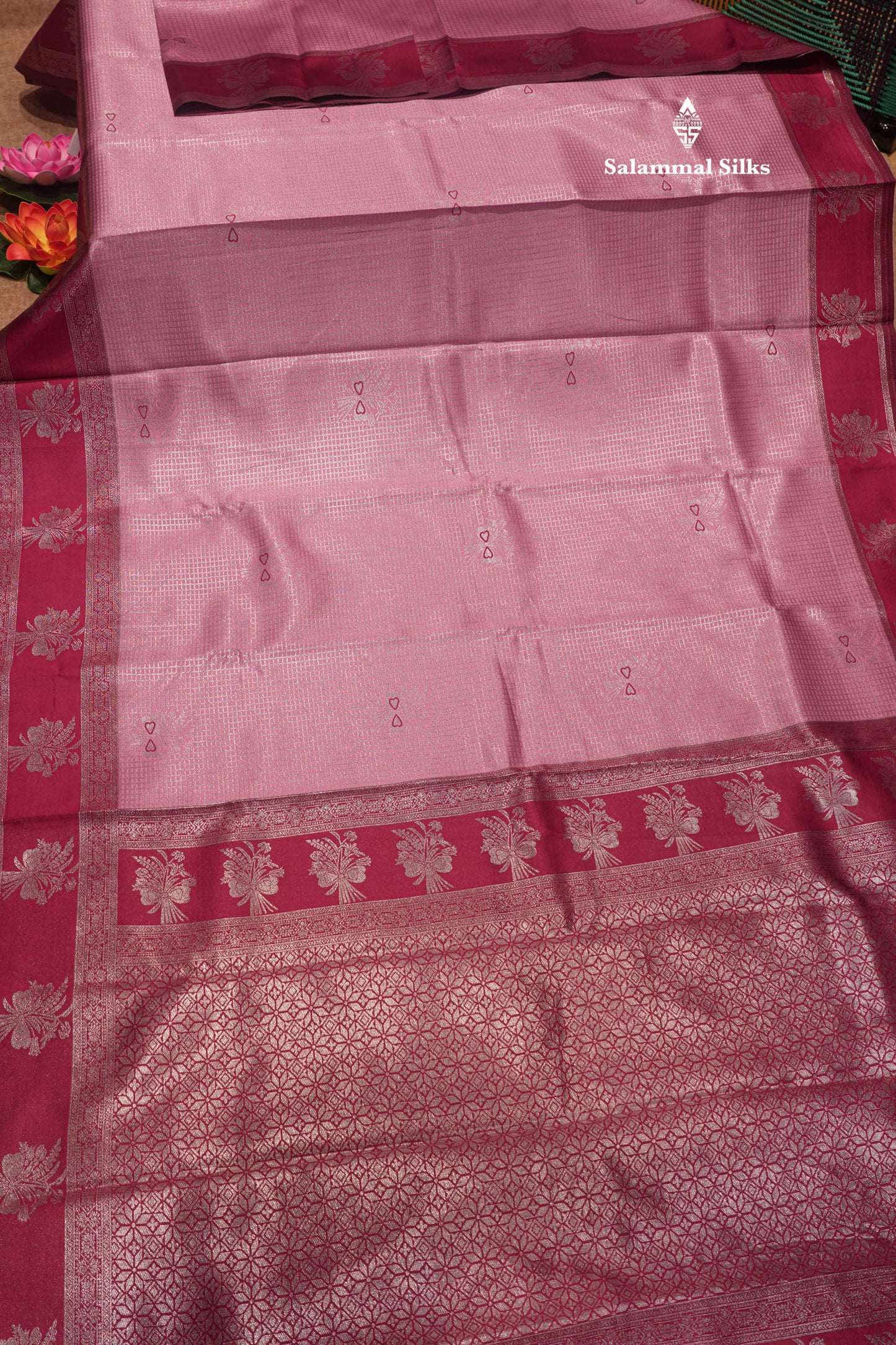 Light Pink Colour Semi Silk Tissue Saree With Contrast Magenta Pink Border