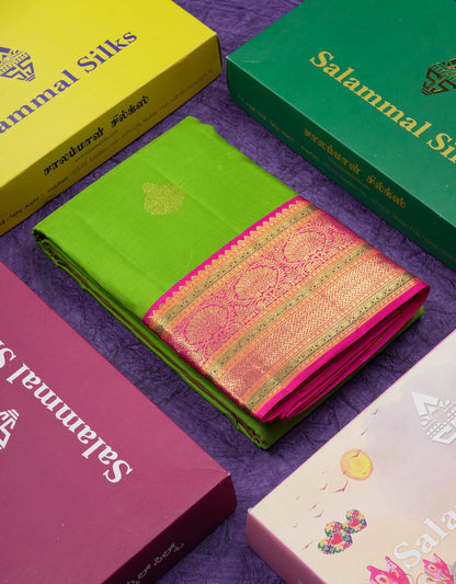 Korvai Beautiful Parrot Green Pure Kanjivaram Silk Saree With Contrast Pink Traditional Border
