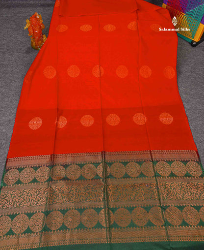 SICO Cotton Saree - Chilly Red Colour Body Zari Butta With Contrast Bottle Green Blouse