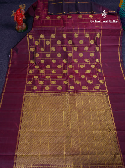 Beautiful Dark Maroon Chakaram & Mayil Butta Checks Pure Kanjivaram Silk Saree With Traditional Gap Border
