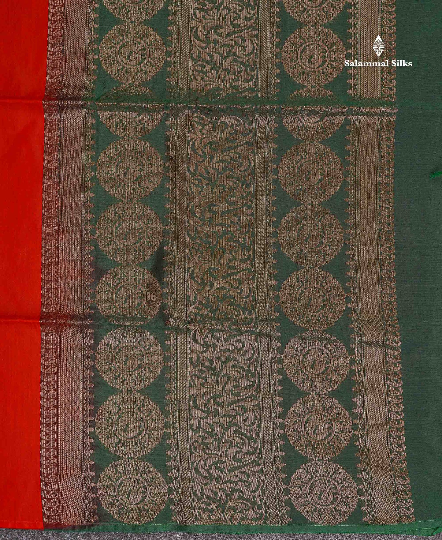 SICO Cotton Saree - Chilly Red Colour Body Zari Butta With Contrast Bottle Green Blouse